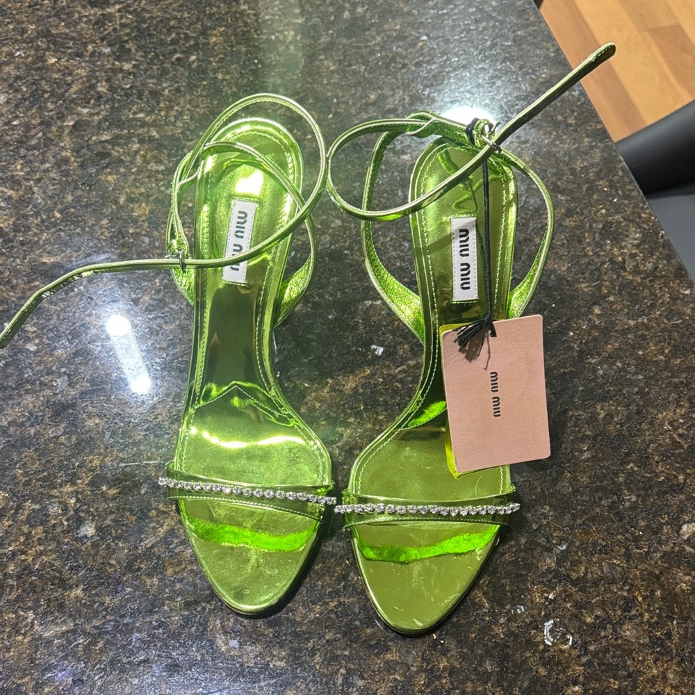 Miu Miu Crystal-Trimmed Metallic Leather Sandals